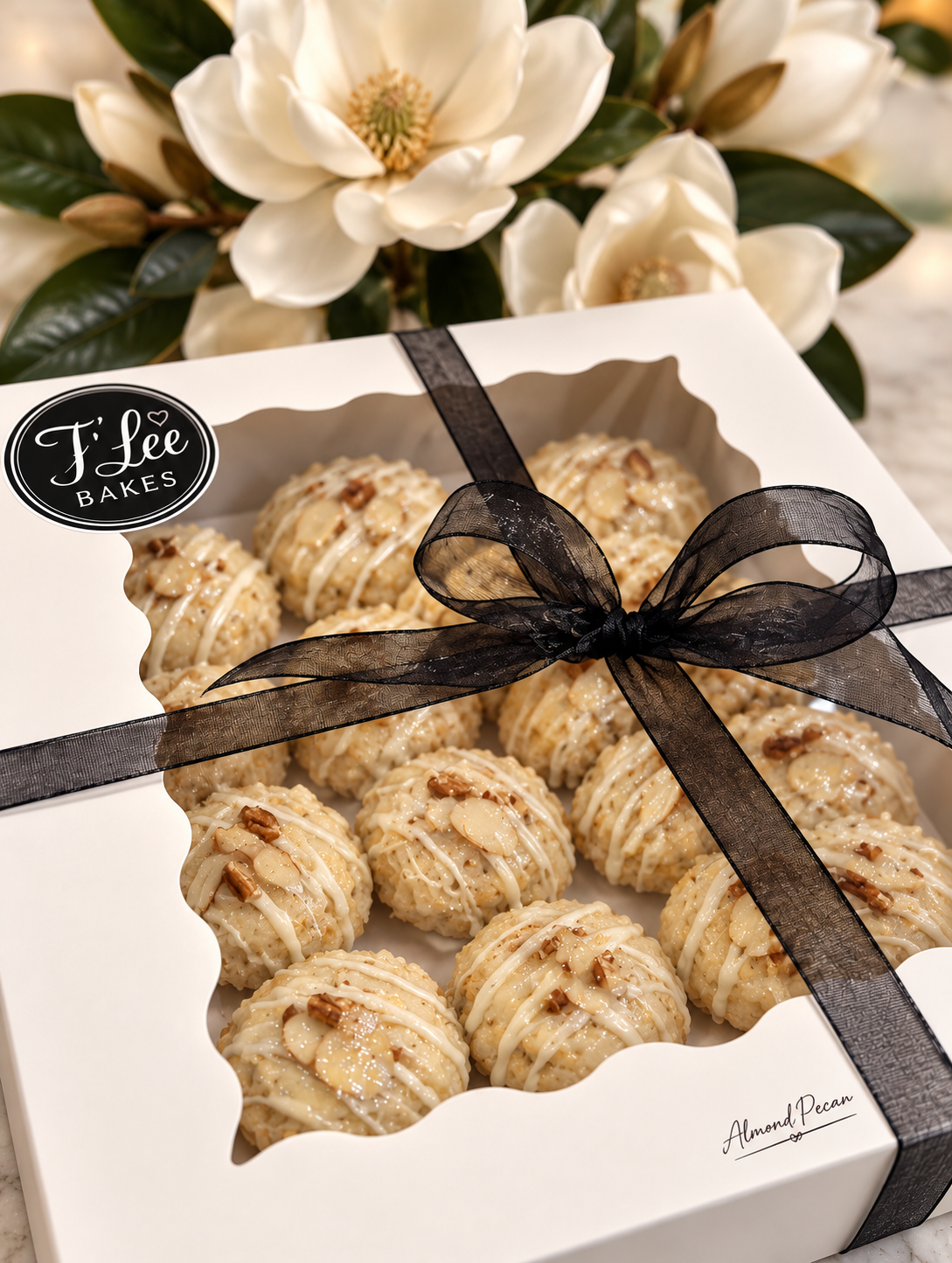 T’Lee Bakes Almond Pecan cookies in a white gift box tied with a black ribbon